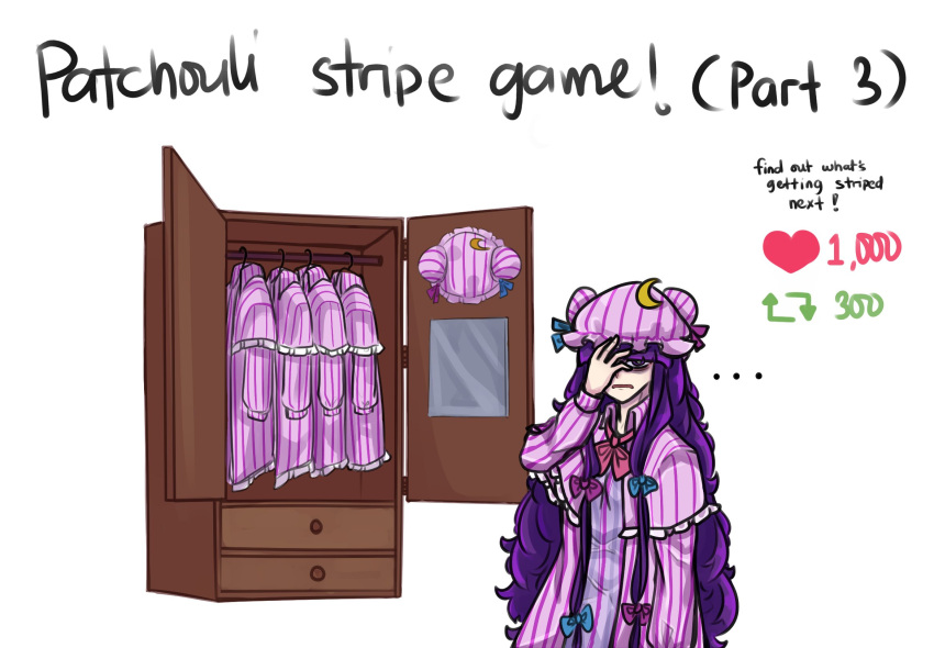 ... 1girl aqua_bow bags_under_eyes blunt_bangs bow closet commentary crescent crescent_hat_ornament dress english_commentary english_text facepalm hat hat_ornament highres jacket like_and_retweet long_hair meme mob_cap patchouli_knowledge purple_bow purple_hair purple_jacket simple_background striped_clothes striped_dress striped_headwear tem_(insomnia_tem) touhou twitter_strip_game_(meme) vertical-striped_clothes vertical-striped_dress vertical-striped_headwear very_long_hair violet_eyes white_background