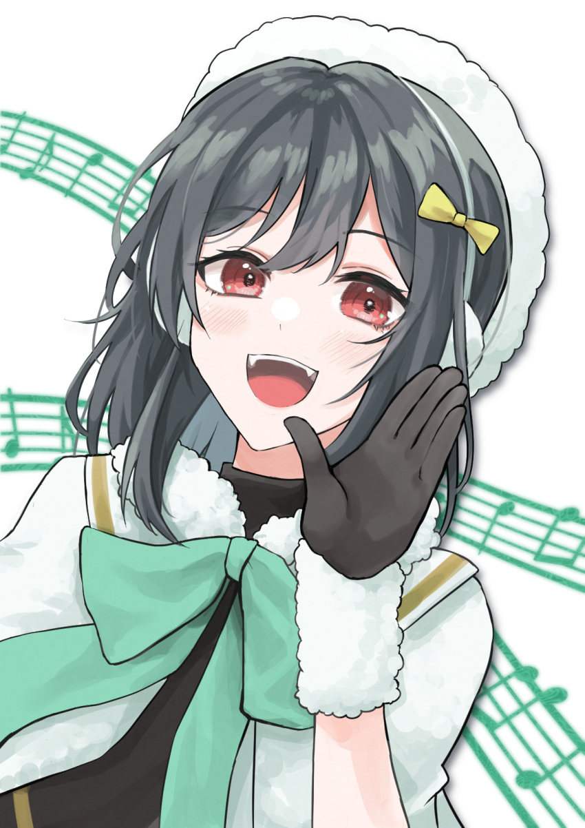 1girl black_gloves black_hair bow capelet colorful_dreams!_colorful_smiles!_(love_live!) earmuffs fang fur-trimmed_capelet fur_trim gloves green_bow hair_ribbon hat highres looking_at_viewer love_live! love_live!_nijigasaki_high_school_idol_club mifune_shioriko open_mouth red_eyes ribbon siftsubo solo staff_(music) upper_body white_capelet white_headwear yellow_ribbon