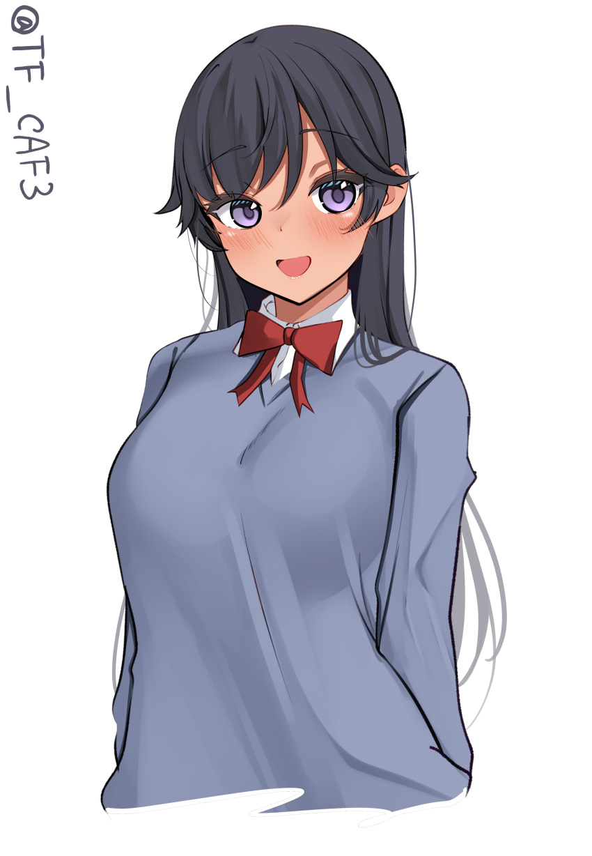 absurdres alternate_costume black_hair bow bowtie braid breasts collared_shirt dress_shirt grey_sweater highres i-400_(kancolle) kantai_collection long_hair medium_breasts one-hour_drawing_challenge red_bow red_bowtie school_uniform shirt single_braid smile sweater tan tf_cafe twitter_username upper_body violet_eyes white_background white_shirt