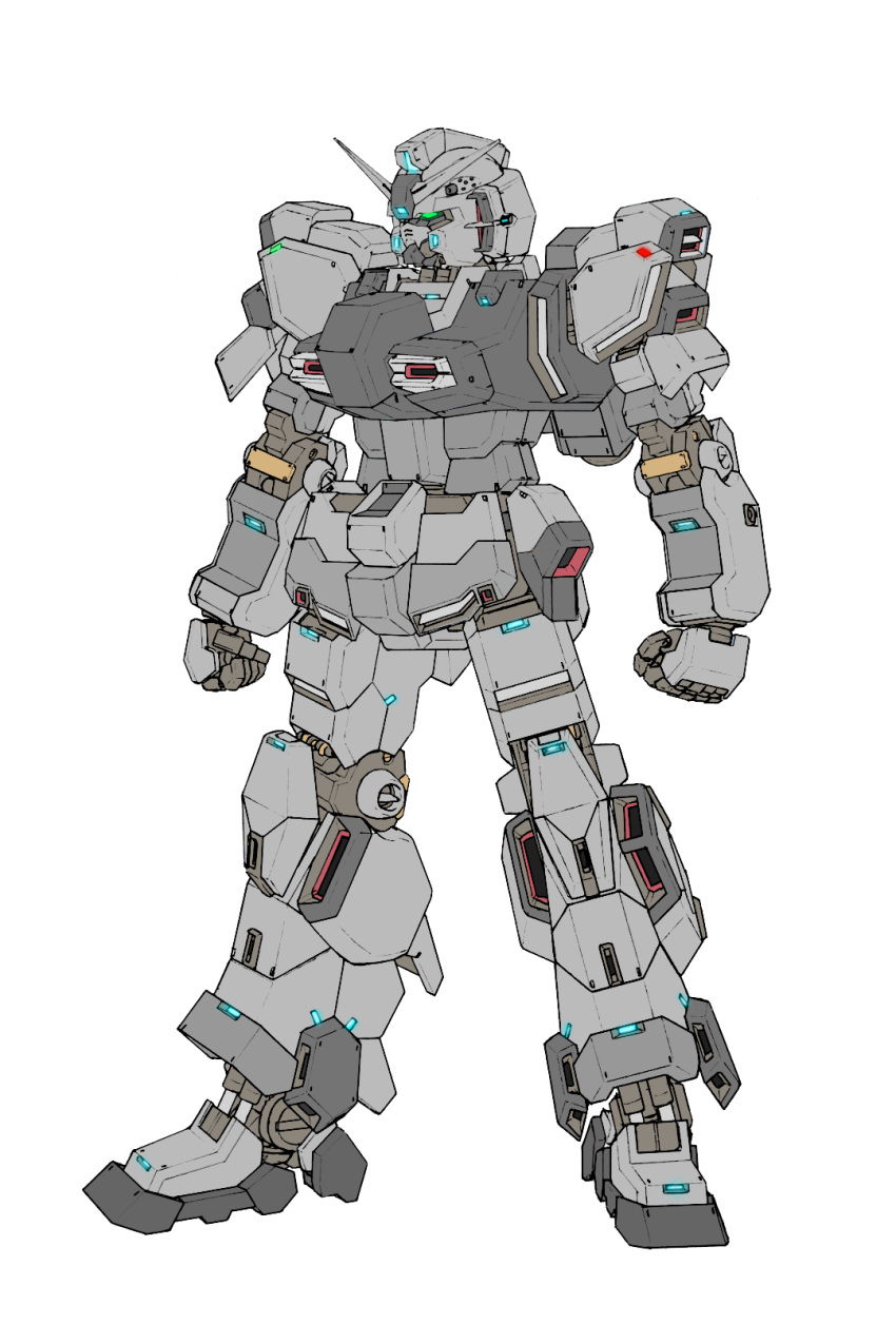 aqua_eyes aron_e blue_eyes clenched_hands commentary_request concept_art derivative_work green_eyes gun gundam head-mounted_gun highres light machine_gun machinery mecha mobile_suit mobile_suit_gundam muzzle no_humans original redesign robot rx-78-1_gundam_local_type rx-78-2 science_fiction v-fin vernier_thrusters weapon