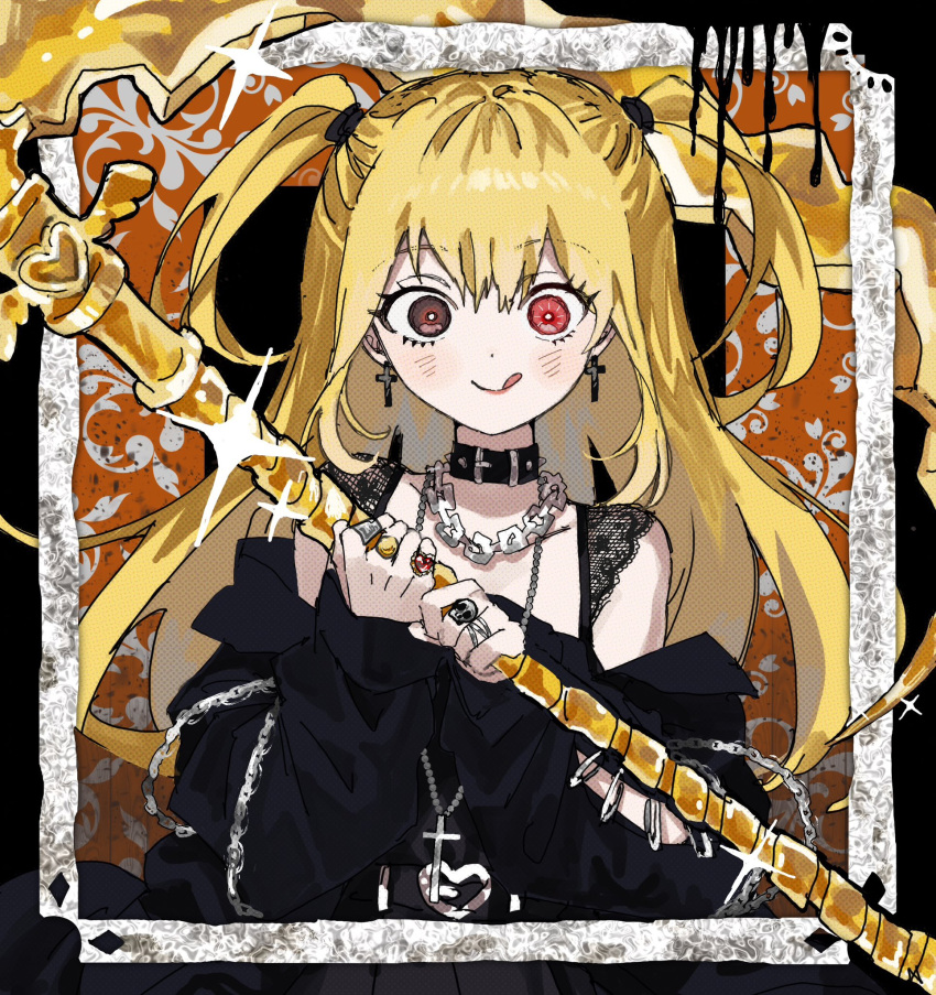 1girl :d amane_misa belt_collar black_background black_collar black_dress blonde_hair border brown_eyes chain_necklace collar collarbone cross cross_earrings cross_necklace death_note dress earrings hair_between_eyes heart_belt heterochromia highres holding holding_weapon inset_border inu_totemo jewelry long_hair necklace off-shoulder_dress off_shoulder red_eyes ring smile solo sparkle tongue twintails two_side_up weapon white_border