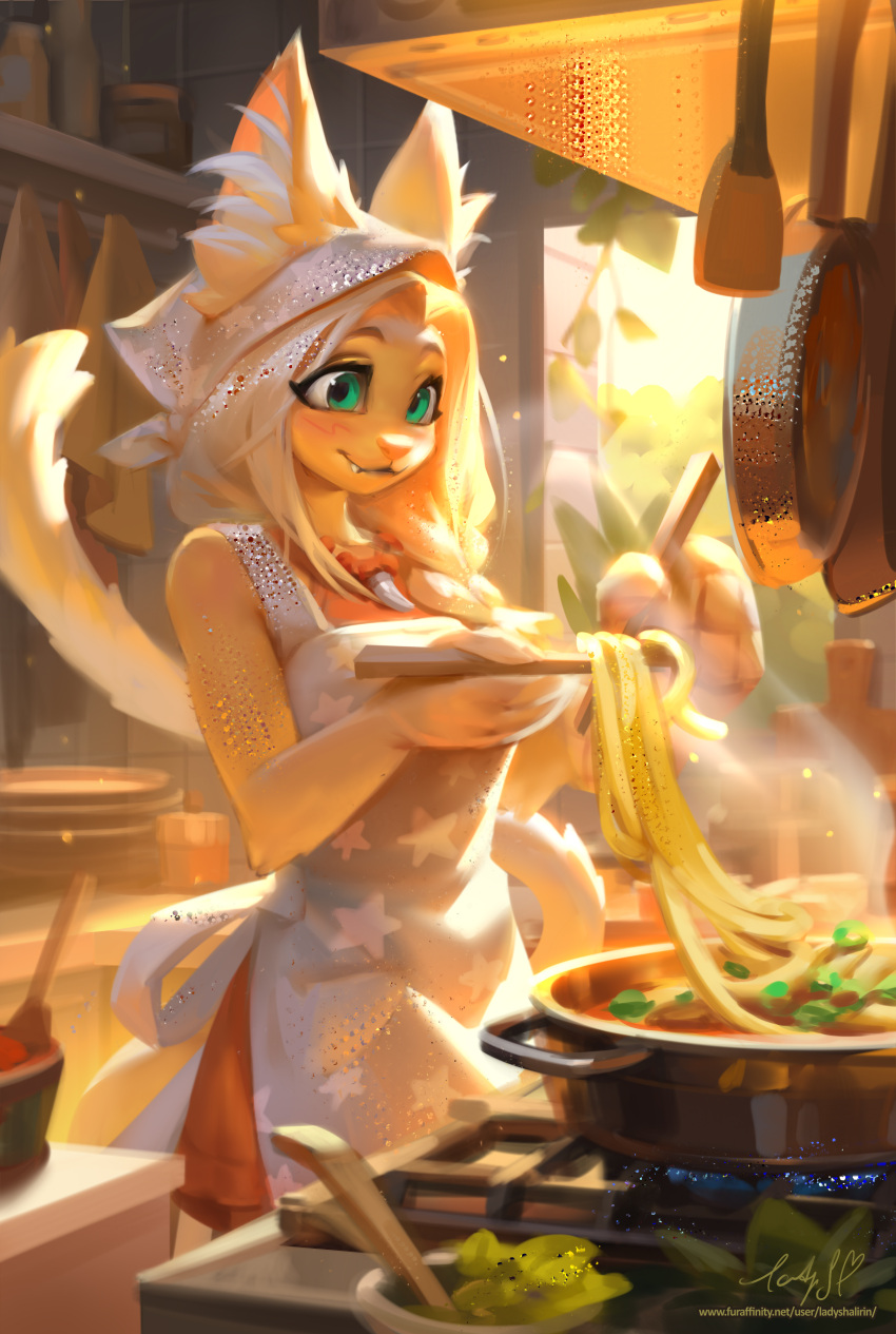 1girl absurdres animal_ear_fluff animal_ears animal_nose apron bandana body_fur braid cat_ears cat_girl cat_tail chestnut_mouth chopsticks commentary cooking day dress english_commentary fang food furry furry_female green_eyes hair_over_shoulder highres holding holding_chopsticks jewelry kitchen ladyshalirin necklace noodles orange_dress original print_apron short_hair sidelighting single_braid solo star_(symbol) star_print tail tooth_necklace very_long_tail white_apron white_bandana yellow_fur