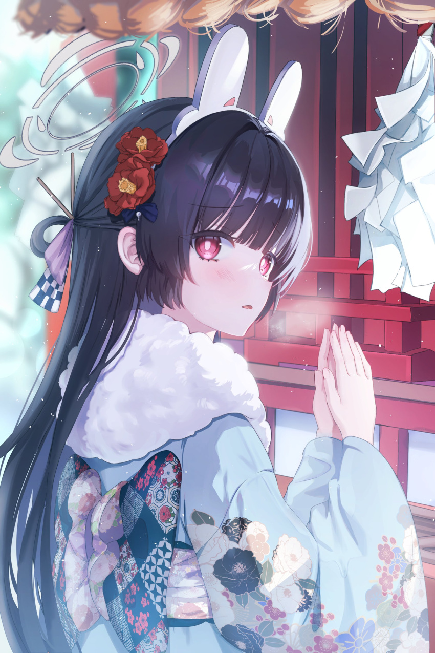 1girl absurdres animal_ears black_hair blue_archive blue_kimono blush fake_animal_ears flower fur-trimmed_kimono fur_trim grey_halo hair_flower hair_ornament halo highres japanese_clothes kimono long_hair long_sleeves looking_at_viewer miyu_(blue_archive) n_77z obi open_mouth rabbit_ears red_eyes red_flower sash solo upper_body wide_sleeves