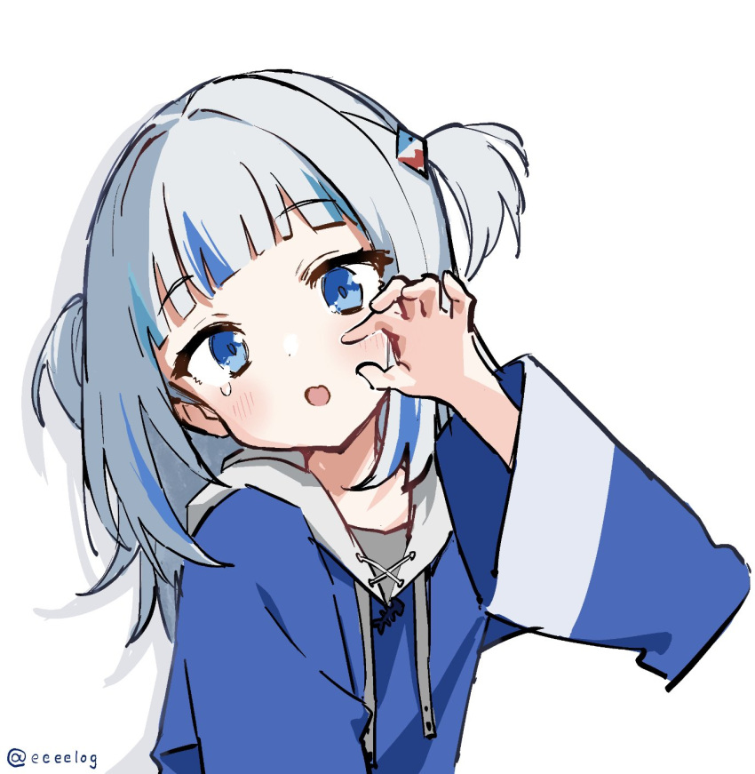 1girl blue_eyes blue_hair blue_hoodie blunt_bangs blush drawstring gawr_gura gawr_gura_(1st_costume) grey_hair h_(eitilog) hair_ornament hand_up head_tilt highres hololive hololive_english hood hood_down hoodie long_sleeves looking_at_viewer medium_hair multicolored_hair open_mouth shark_girl shark_hair_ornament simple_background single_tear solo streaked_hair tears twitter_username two_side_up upper_body virtual_youtuber white_background wide_sleeves