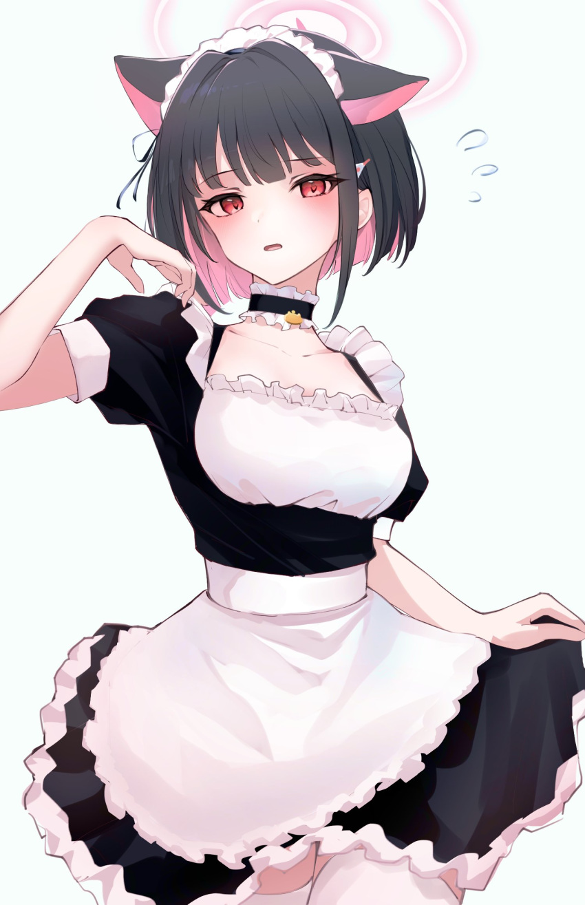 1girl alternate_costume animal_ears black_hair blue_archive blush breasts cat_ears choker collarbone colored_inner_hair cowboy_shot dress enmaided exiadoon extra_ears flying_sweatdrops frilled_choker frilled_dress frills hair_ornament hairclip halo hand_up highres kazusa_(blue_archive) maid maid_headdress multicolored_hair open_mouth pink_hair pink_halo red_eyes short_sleeves simple_background skirt_hold solo thigh-highs two-tone_hair