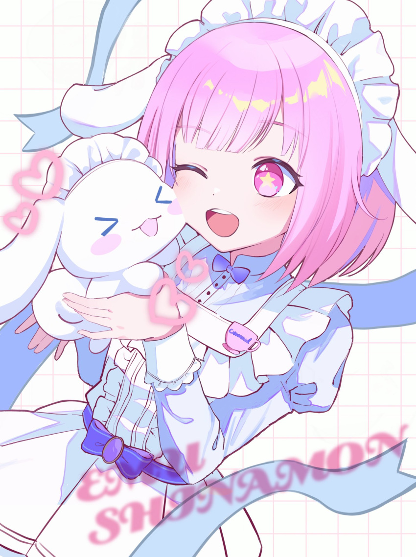 &gt;_&lt; +_+ 1girl alternate_costume animal animal_ears apron blue_dress character_name cinnamoroll dog dog_ears dress frilled_apron frills hashtag_only_commentary heart highres holding holding_animal long_sleeves one_eye_closed ootori_emu open_mouth pink_eyes pink_hair project_sekai sanrio tile_background tte_wake!? white_background