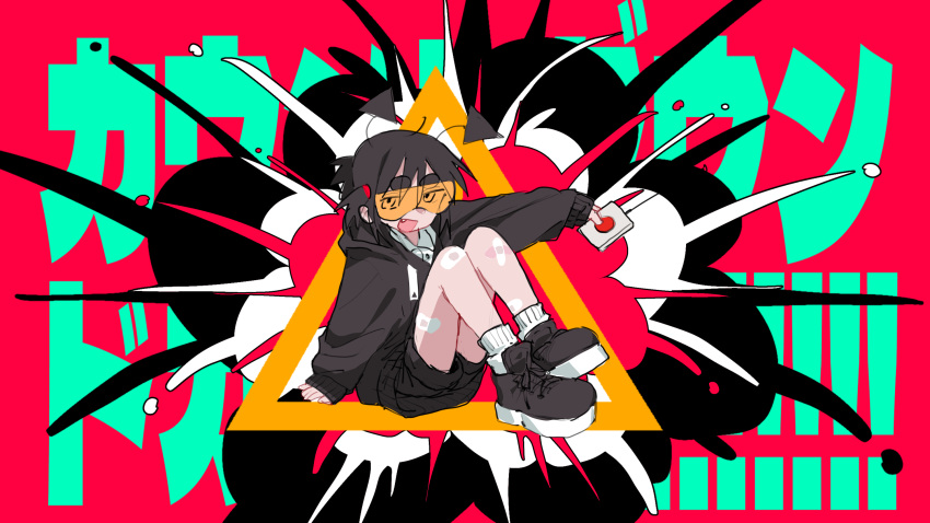 1girl :d ahoge ankle_socks antennae arm_support bandaid bandaid_on_leg black_footwear black_hair black_jacket black_shorts collared_shirt commentary_request controller cover explosion fang finger_on_button goggles hair_between_eyes hair_tie hand_on_floor highres holding holding_remote_control hood hooded_jacket ime-chan_(ime44) jacket jean_bomjan knees_up leg_up long_sleeves looking_at_viewer no_pupils official_art open_mouth original outstretched_arm platform_footwear radio_antenna radio_controller red_background red_button remote_control sanpaku shirt short_eyebrows short_hair short_twintails shorts sidelocks sitting sleeves_past_wrists smile socks solo song_name text_background thick_eyebrows thighs tinted_eyewear triangle twintails white_shirt white_socks yellow-tinted_eyewear