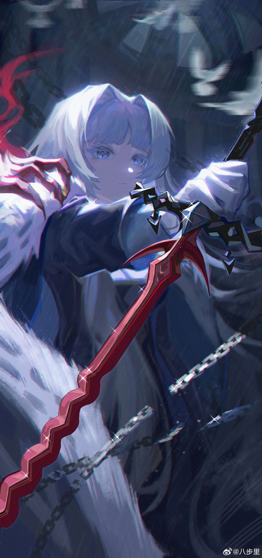 1girl :&lt; absurdres blue_eyes blunt_bangs brown_dress cape chain dikke_(reverse:1999) dress fur-trimmed_cape fur_trim grey_background hand_on_another's_shoulder highres holding holding_sword holding_weapon long_hair looking_ahead masulimie outstretched_arm reverse:1999 solo sword upper_body weapon weibo_logo weibo_username white_hair