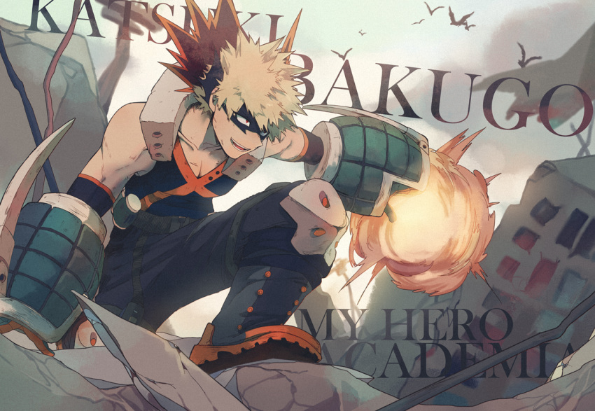 1boy adam's_apple arm_at_side bakugou_katsuki bare_shoulders belt black_mask black_pants black_tank_top blonde_hair blurry blurry_background boku_no_hero_academia boots buckle building character_name chromatic_aberration clouds collarbone colored_shoe_soles commentary copyright_name detached_sleeves explosion explosive eye_mask film_grain flag flock foot_out_of_frame from_side gloves green_gloves grenade hand_up headgear industrial_pipe knee_boots knee_pads knee_up leaning_forward looking_ahead male_focus open_mouth orange_gloves outdoors outstretched_arm pants pectoral_cleavage pectorals red_eyes rock rubble ruins sanpaku short_hair sideways_mouth simple_bird sleeveless smile snap-fit_buckle solo spiky_hair stepping tank_top text_background text_focus torn_flag two-tone_gloves v-neck window x xi_yuu
