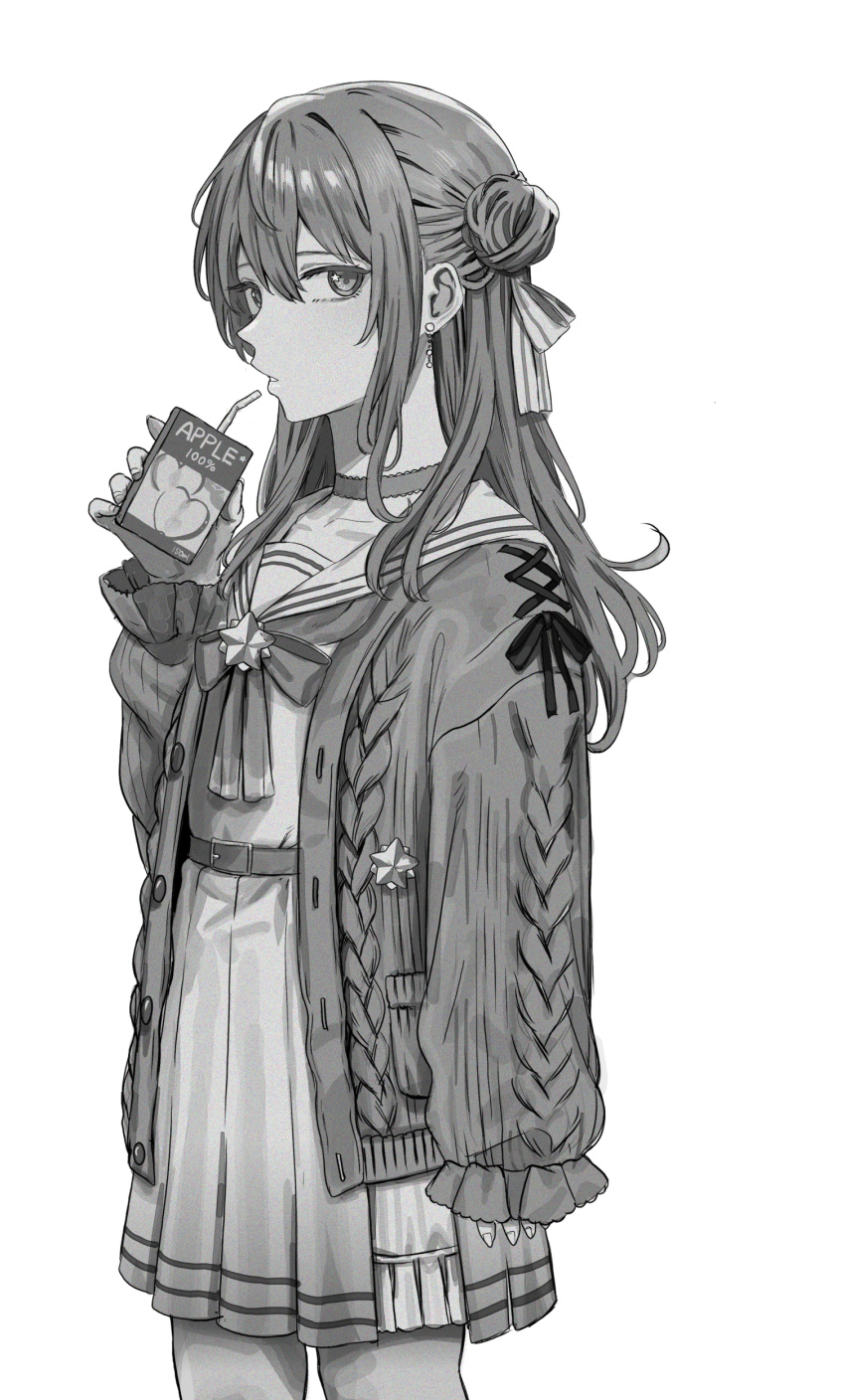 1girl absurdres animal_ears aran_sweater belt bow bowtie brooch cable_knit cardigan choker collarbone cowboy_shot double-parted_bangs drink greyscale hair_between_eyes hair_bun hair_ribbon half-skirt hand_up highres holding holding_drink hololive hoshimachi_suisei hoshimachi_suisei_(school_uniform) ibuki_(ibuki0118) jewelry juice_box long_hair long_sleeves looking_at_viewer monochrome official_alternate_costume pleated_shirt ribbon sailor_collar school_uniform serafuku sleeves_past_wrists solo star_(symbol) star_brooch star_in_eye sweater symbol_in_eye virtual_youtuber