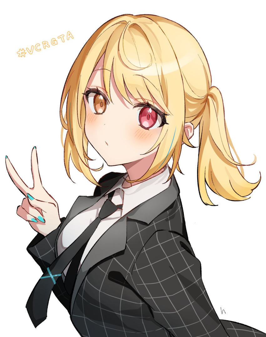 1girl alternate_hair_length alternate_hairstyle aqua_nails black_jacket black_necktie black_suit blonde_hair blush closed_mouth collared_shirt commentary dot_nose expressionless h_(eitilog) hand_up hashtag heterochromia highres hoshikawa_sara jacket long_sleeves looking_at_viewer medium_hair nail_polish necktie nijisanji one_side_up open_clothes open_jacket orange_eyes red_eyes shirt sidelocks simple_background solo suit upper_body v virtual_youtuber white_background white_shirt