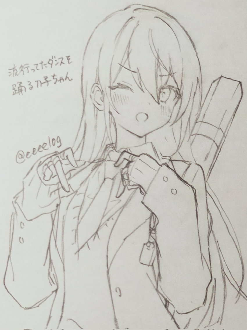 1girl blazer blush collared_shirt dot_nose genderswap genderswap_(mtf) greyscale h_(eitilog) hair_between_eyes hands_up highres jacket kenmochi_touko long_hair long_sleeves looking_at_viewer monochrome necktie nijisanji one_eye_closed open_clothes open_jacket open_mouth photo_(medium) school_uniform shirt simple_background sketch sleeves_past_wrists solo sweater traditional_media translation_request twitter_username upper_body very_long_hair virtual_youtuber