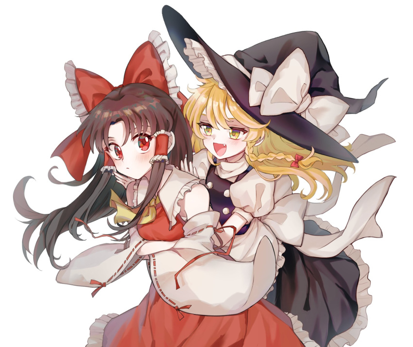 2girls :/ :d apron ascot back_bow bare_shoulders black_headwear black_skirt black_vest blonde_hair bow braid brown_hair buttons commentary_request detached_sleeves fang frilled_apron frilled_bow frilled_hair_tubes frilled_shirt_collar frilled_skirt frills hair_bow hair_tubes hakurei_reimu hat hat_bow highres kirisame_marisa long_hair long_sleeves mirei_(miirei) multiple_girls nontraditional_miko puffy_short_sleeves puffy_sleeves red_bow red_eyes red_ribbon red_shirt red_skirt ribbon ribbon-trimmed_sleeves ribbon_trim shirt short_sleeves side_braid sidelocks simple_background skirt sleeveless sleeveless_shirt smile touhou turtleneck vest waist_bow white_apron white_background white_bow white_sleeves wide_sleeves witch witch_hat yellow_ascot yellow_eyes
