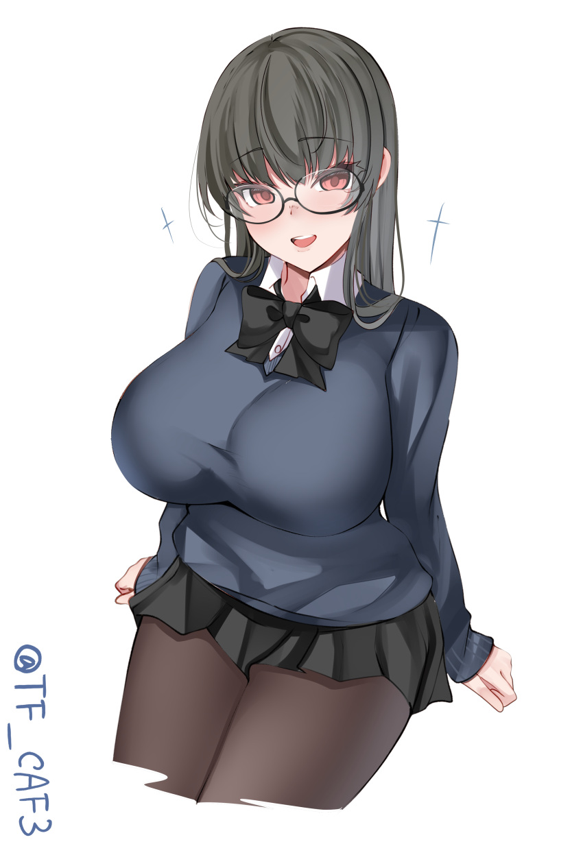 1girl absurdres alternate_costume black-framed_eyewear black_bow black_hair black_pantyhose black_skirt blue_sweater bow breasts choukai_(kancolle) collared_shirt cowboy_shot glasses highres kantai_collection large_breasts long_hair long_sleeves one-hour_drawing_challenge open_mouth pantyhose pleated_skirt red_eyes round_eyewear shirt simple_background sitting skirt smile solo sweater teeth tf_cafe twitter_username upper_teeth_only white_background white_shirt