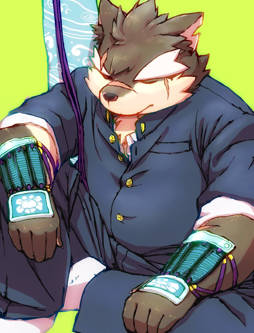 1boy animal_ears armor closed_eyes closed_mouth collared_shirt commentary_request dog_boy dog_ears eyebrow_cut forked_eyebrows furry furry_male gakuran green_background highres huge_eyebrows japanese_armor kote male_focus moritaka_(housamo) notched_ear sakusan_(ch3cooh1231) scar scar_on_face scar_on_nose school_uniform shirt short_hair simple_background sitting solo tokyo_afterschool_summoners white_shirt