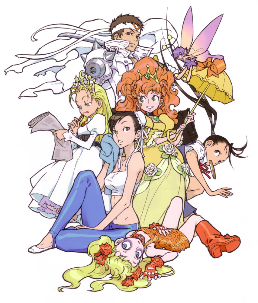 bow capcom chun-li crossover crown cyberbots devilot dress effie fairy fingerless_gloves gloves headband highres ibuki jin_saotome kinu_nishimura lying newspaper nishimura_kinu official_art parasol princess_tiara saotome_jin simple_background sitting street_fighter toast tongue towel twintails umbrella wings