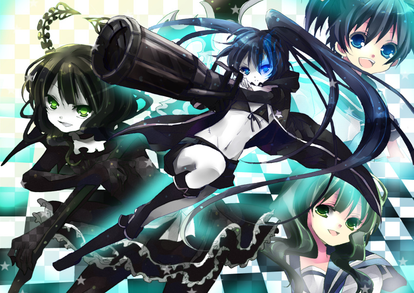 arm_cannon black_hair black_rock_shooter black_rock_shooter_(character) blue_eyes boots dead_master glowing glowing_eyes green_eyes highres horns kosuzume kuroi_mato long_hair midriff navel pale_skin short_hair shorts smile takanashi_yomi twintails very_long_hair weapon