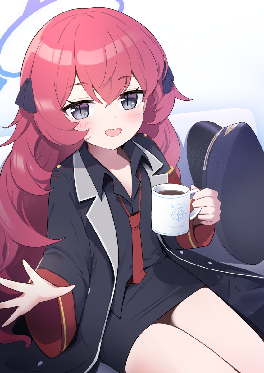 1girl absurdres blue_archive coffee_mug cup curly_hair grey_eyes grey_shirt halo highres holding holding_cup iroha_(blue_archive) mug naoya_(naoya_ee) necktie red_necktie redhead shirt thighs