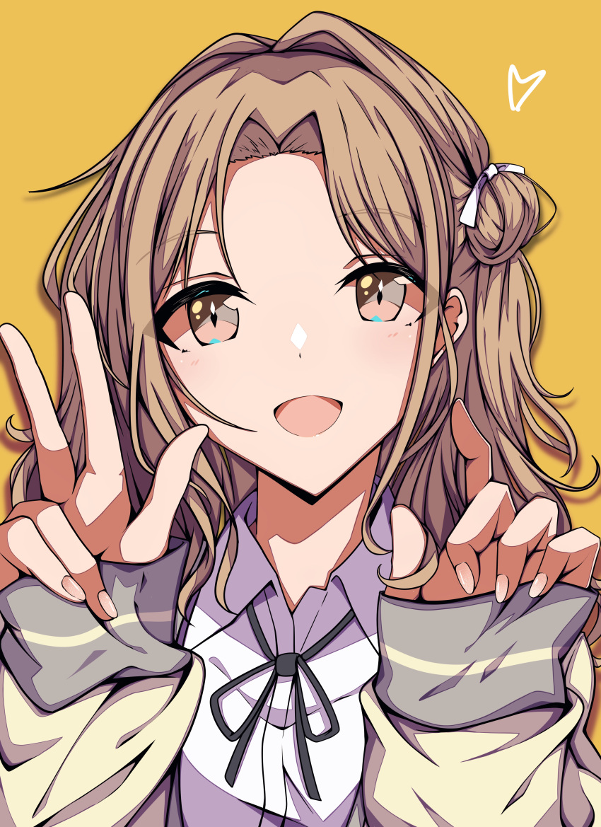 1girl absurdres brown_eyes brown_hair cardigan hair_bun hair_ribbon highres ichikawa_hinana idolmaster idolmaster_shiny_colors kakuzatou_(cubesugar03196) long_hair open_cardigan open_clothes ribbon school_uniform shirt side_bun smile upper_body white_shirt yellow_cardigan