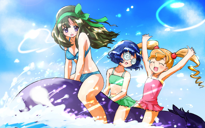 anyamal_tantei_kirumin_zoo bad_id bikini blonde_hair blue_eyes blue_hair casual_one-piece_swimsuit eggplant glasses green_hair hairband highres long_hair mikogami_nagisa mikogami_riko mikogami_rimu multiple_girls nyama one-piece_swimsuit riding short_hair swimsuit twintails wallpaper