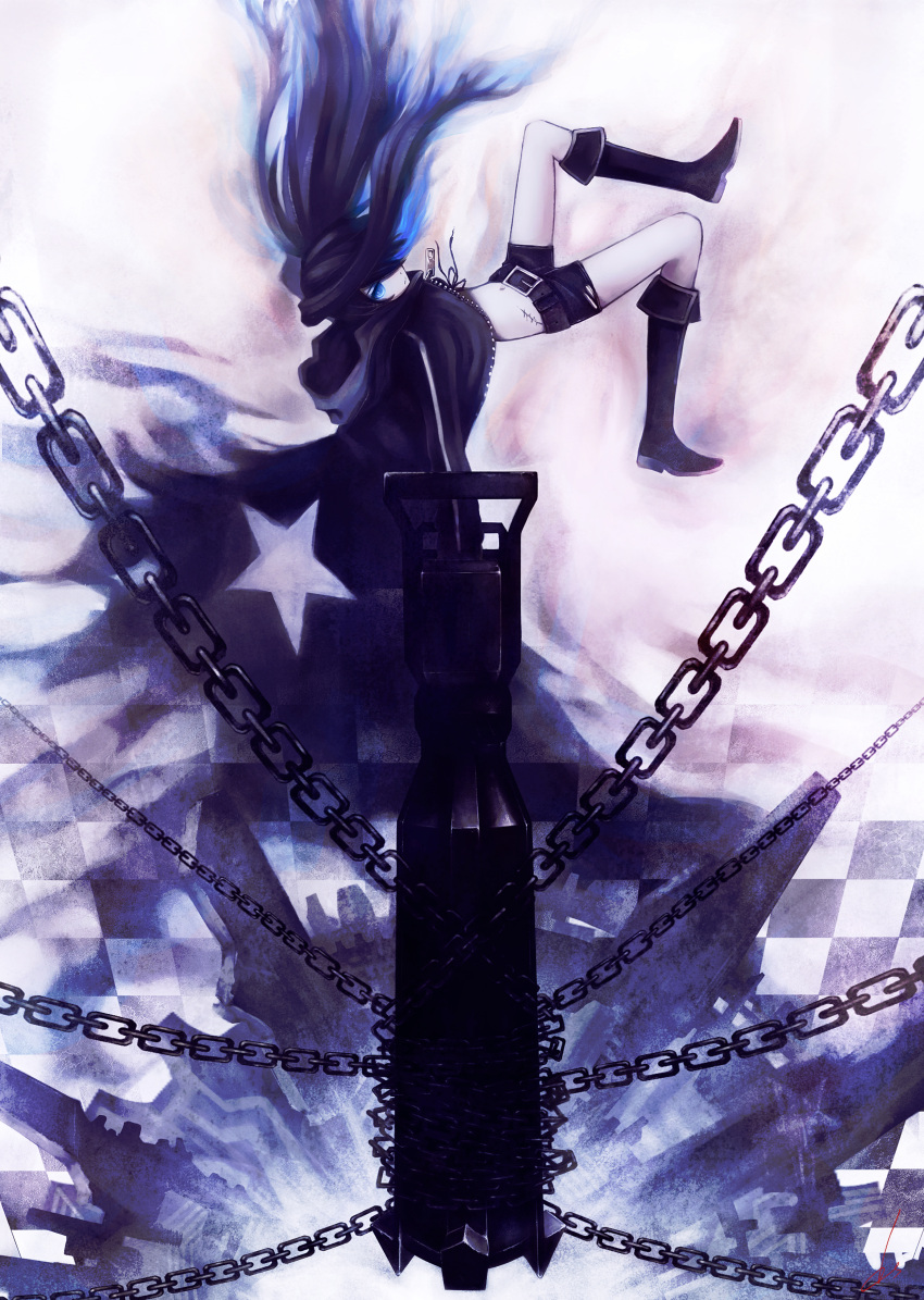 arm_cannon belt bikini_top black_hair black_rock_shooter black_rock_shooter_(character) blue_eyes boots cannon chain coat dopollsogno flat_chest glowing glowing_eyes gun highres long_hair midriff navel pale_skin purple scar shorts solo star twintails very_long_hair weapon