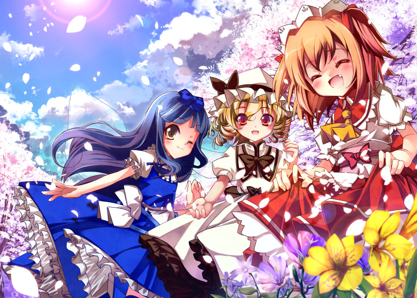 ^_^ absurdres ascot black_hair blonde_hair bowtie cherry_blossoms closed_eyes fairy_wings fang flower happy hat highres long_hair looking_at_viewer luna_child multiple_girls open_mouth red_eyes sho_(artist) short_hair skirt_hold smile star_sapphire sunny_milk touhou twintails wings wink yellow_eyes yousei_daisensou
