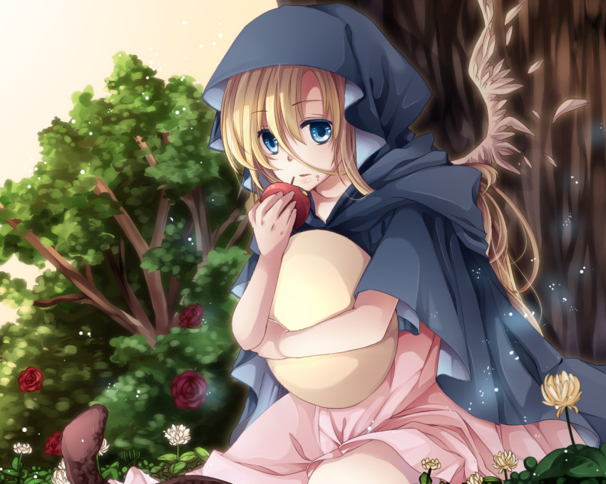 blonde_hair blue_eyes cloak egg flower food food_on_face fruit highres long_hair mutsuki original single_wing snake solo tree wings