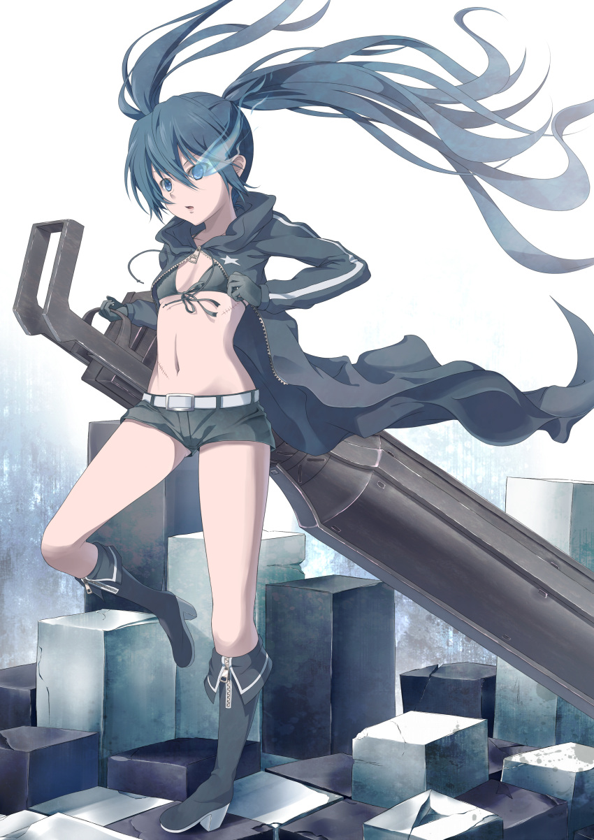absurdres belt bikini_top black_rock_shooter black_rock_shooter_(character) blue_hair boots front-tie_top gloves glowing glowing_eye glowing_eyes highres huge_weapon jacket knee_boots leg_up long_hair navel scar short_shorts shorts solo stitches supertie twintails very_long_hair weapon