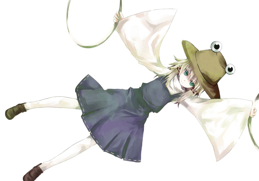 blonde_hair dutch_angle green_eyes hat loafers moriya's_iron_rings moriya_suwako outstretched_arms pantyhose shoes simple_background solo spread_arms touhou tsurime white_legwear