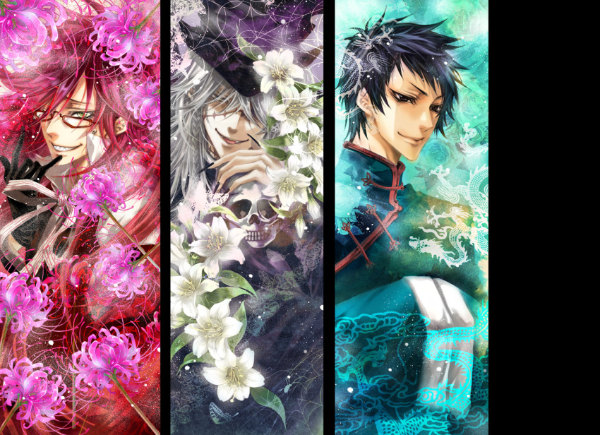 \m/ black_hair brown_eyes chinese_clothes flower gloves green_eyes grell_sutcliff grin hat kuroshitsuji lau lee_sun_young lily_(flower) long_hair multiple_boys red_hair silver_hair skull smile spider_lily undertaker yellow_eyes