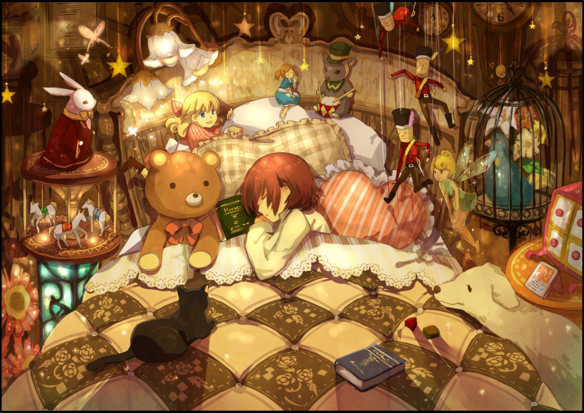 birdcage book bunny cage carousel cat clock dog doll highres merry_go_round original pillow puppet quill quilt sleeping star stuffed_animal stuffed_toy teddy_bear yunomachi