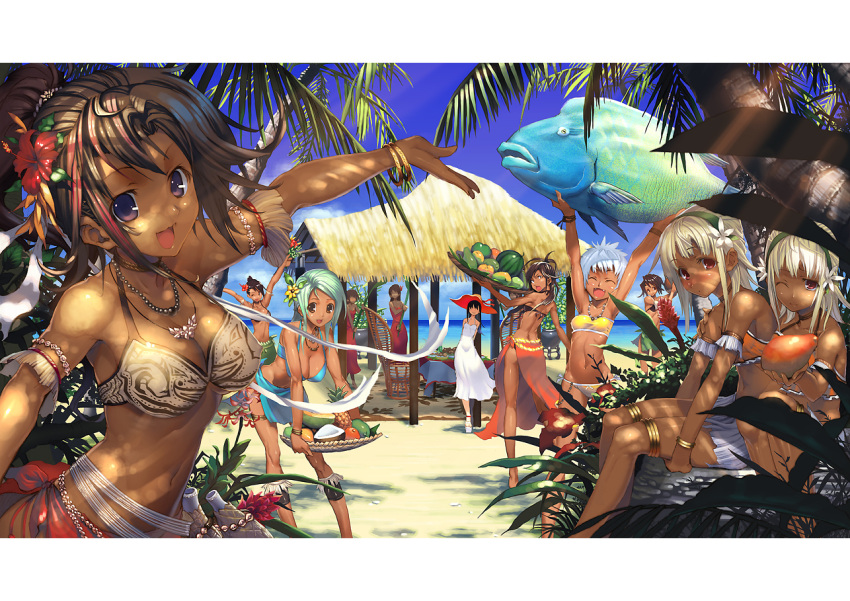 6+girls :d \o/ armlet arms_up beach bikini blue_eyes blue_hair blush bracelet breasts brown_hair cleavage closed_eyes coconut dark_skin dress fang female fish flower food fruit hair_flower hair_ornament hairband harem hat jewelry large_breasts letterboxed long_hair looking_back masa-koba multiple_girls necklace open_mouth original outstretched_arms palm_tree pineapple purple_eyes red_eyes sarong short_hair smile sundress swimsuit taut_shirt tree tubetop watermelon white_hair wink