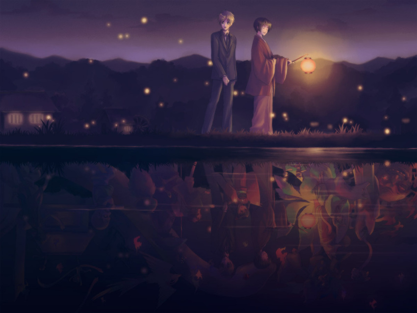 bad_id different_reflection fireflies firefly formal hidaka_nami japan_(hetalia) japanese_clothes lantern night reflection river united_kingdom_(hetalia)