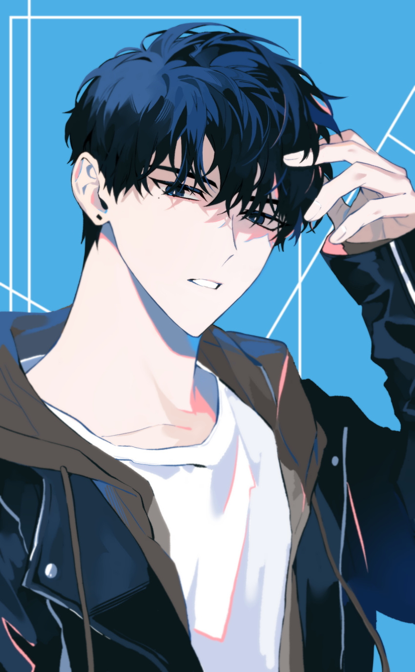 1boy absurdres black_hair black_jacket blue_background character_request commentary_request copyright_request duk_xox highres jacket korean_commentary long_sleeves looking_at_viewer male_focus open_clothes open_jacket parted_lips shirt short_hair simple_background solo upper_body white_shirt
