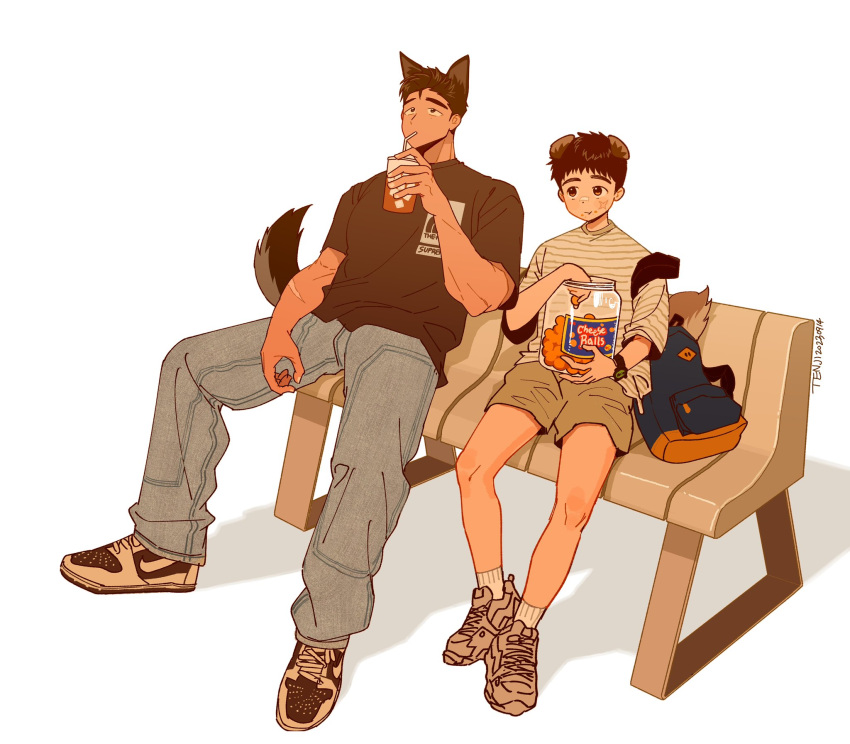2boys animal_ears backpack baduki_(tenji) bag bench brown_hair cup dark-skinned_male dark_skin denim dog_boy dog_ears dog_tail drinking eating food food_on_face full_body gun_woo_kang_(tenji) highres holding holding_cup jeans looking_up male_focus mole mole_under_eye multiple_boys original pants scar scar_on_arm scar_on_cheek scar_on_face shirt shoes short_hair shorts simple_background sitting sneakers striped_clothes striped_shirt tail tenji_(tenji_89) white_background