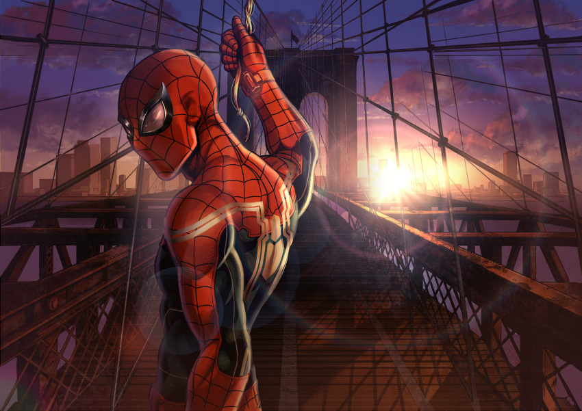 1boy absurdres brooklyn_bridge clouds from_side gloves highres holding lens_flare looking_at_viewer male_focus marvel mask new_york official_art onomae_yuu oosawa_yuusuke red_gloves sky skyline solo spider-man spider-man:_itsuwari_no_aka spider-man_(series) spider_web_print sunrise superhero upper_body