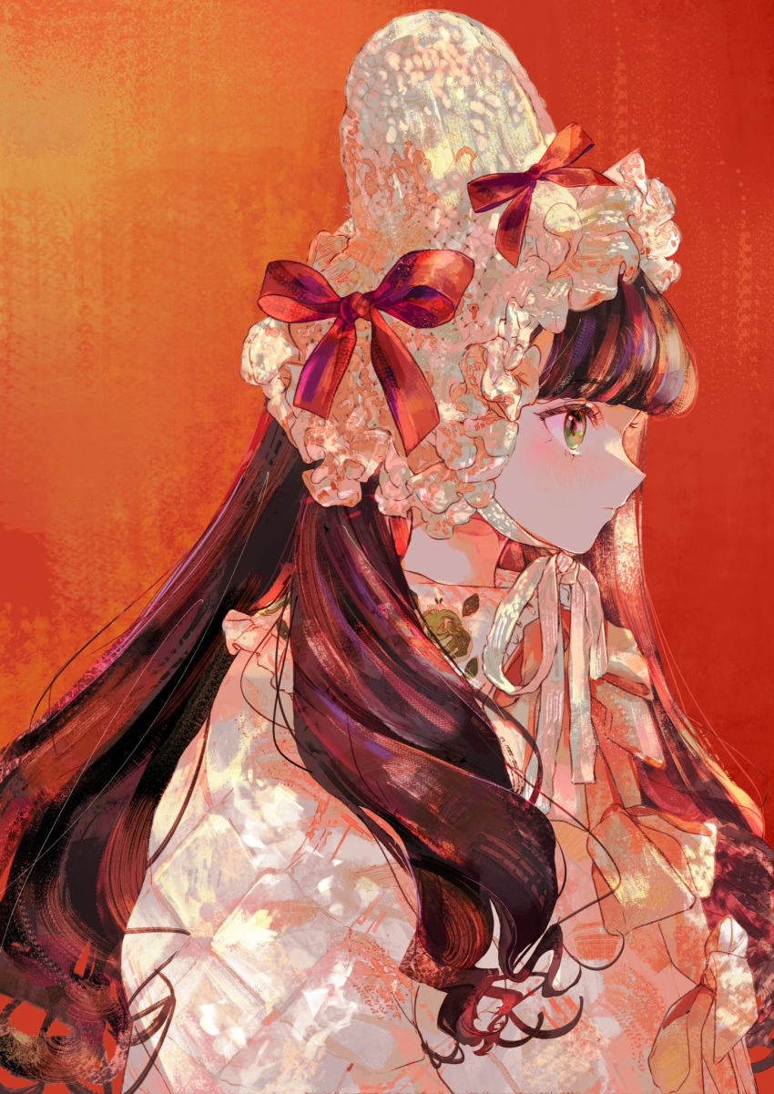 1girl arms_at_sides blunt_bangs blush bonnet bow chin_strap closed_mouth dress drill_hair expressionless eyelashes frilled_headwear from_side gradient_background hair_over_shoulder hat hat_bow highres jamu_(yakinikuoi4) long_hair long_sleeves looking_ahead multicolored_hair orange_background original profile puffy_long_sleeves puffy_sleeves purple_hair red_bow redhead solo streaked_hair twintails upper_body white_dress white_headwear