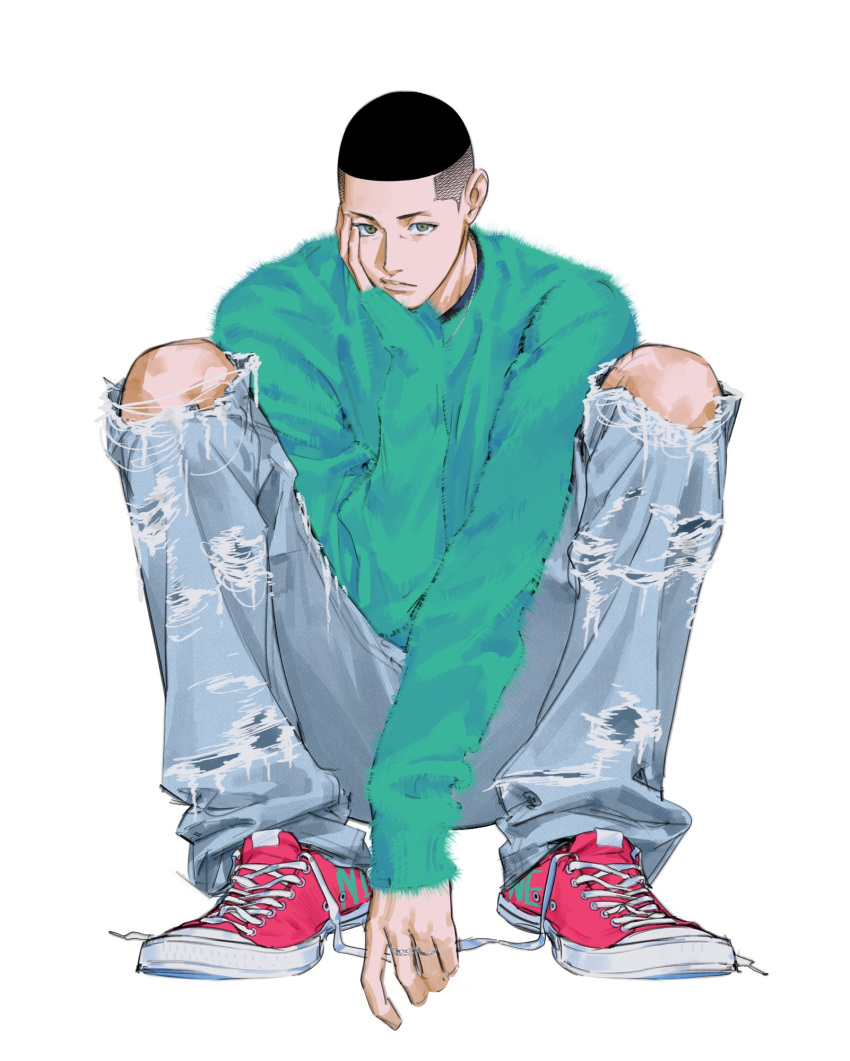 1boy black_hair buzz_cut denim full_body green_eyes green_sweater hand_on_own_cheek hand_on_own_face highres jeans male_focus nolja_cz pants sawakita_eiji short_hair simple_background sitting slam_dunk_(series) solo sweater torn_clothes torn_jeans torn_pants untied_footwear very_short_hair white_background