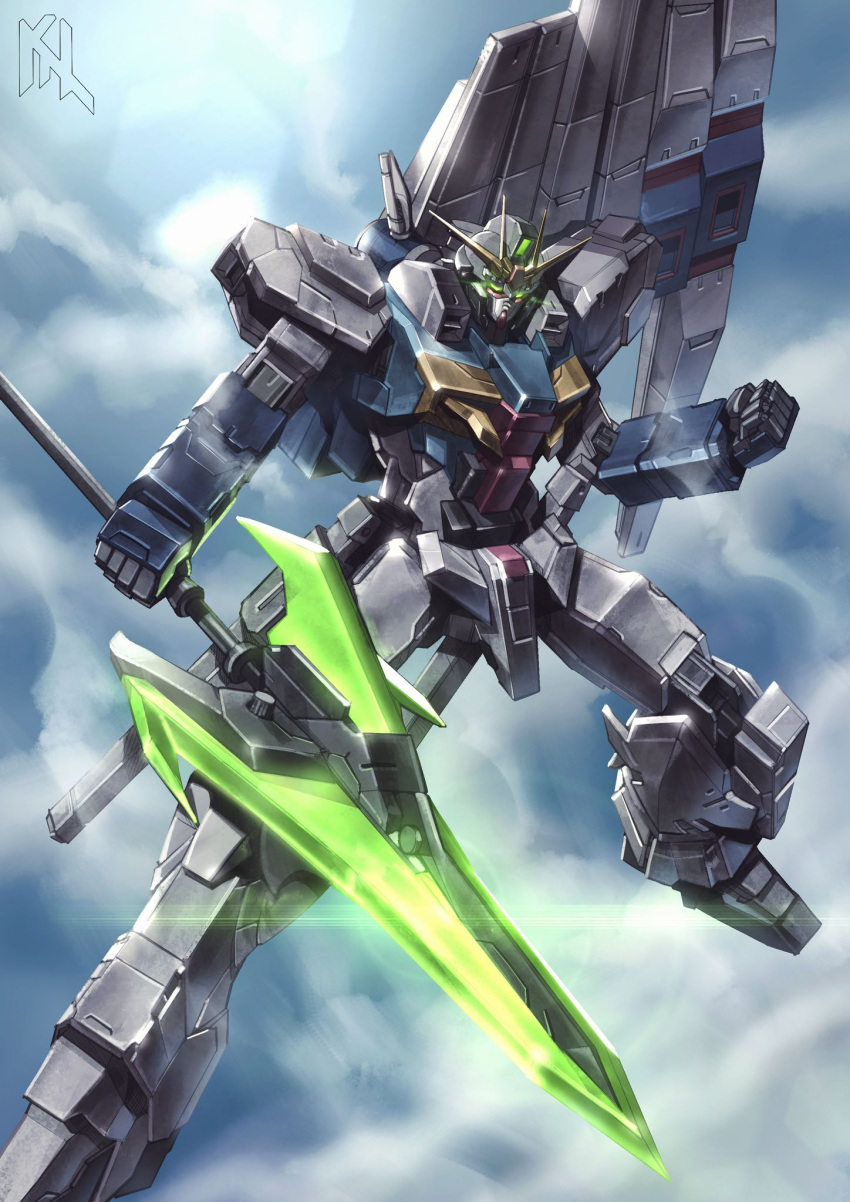 artist_logo blue_sky char's_counterattack clenched_hand clouds cloudy_sky commentary commission english_commentary eye_trail fin_funnels full_body glint glowing glowing_eyes green_eyes gundam highres holding holding_polearm holding_weapon lance legs_apart light_trail mecha mobile_suit no_humans nu_gundam open_fly original polearm porukima robot science_fiction sky solo v-fin weapon