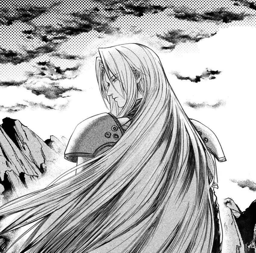 1boy armor black_coat closed_mouth clouds cloudy_sky coat facing_away final_fantasy final_fantasy_vii grey_hair greyscale highres long_hair long_sleeves looking_to_the_side makix5s male_focus monochrome mountain outdoors parted_bangs screentones sephiroth shoulder_armor sky solo upper_body very_long_hair