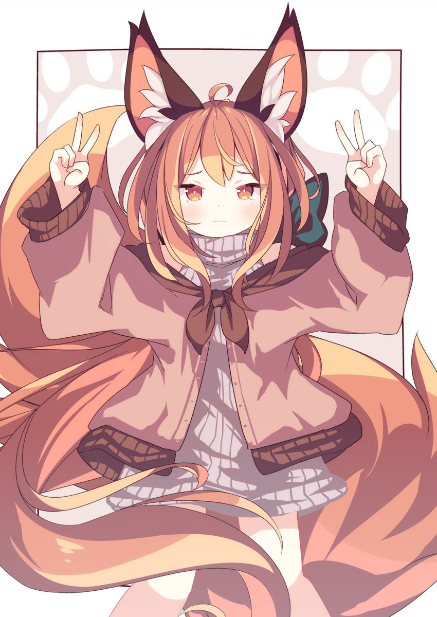 1girl ahoge animal_ears blush brown_jacket closed_mouth daidai_ookami feet_out_of_frame fox_ears fox_tail highres jacket long_hair long_sleeves looking_at_viewer open_clothes open_jacket orange_eyes orange_hair original ribbed_sweater solo sweater tail turtleneck turtleneck_sweater white_sweater