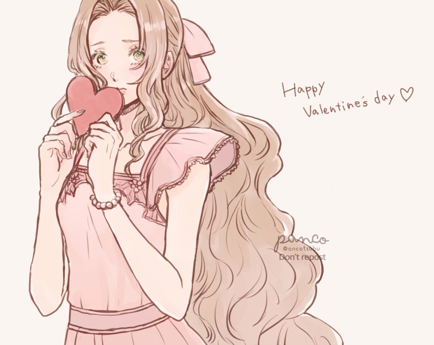 1girl aerith_gainsborough aerith_gainsborough_(basic_pink_dress) ancotsubu bead_bracelet beads blush bow box bracelet breasts brown_hair chocolate closed_mouth dress final_fantasy final_fantasy_vii final_fantasy_vii_remake food frilled_sleeves frills green_eyes hair_bow happy_valentine heart-shaped_box highres holding holding_chocolate holding_food jewelry long_hair looking_at_viewer medium_breasts official_alternate_costume parted_bangs pink_bow pink_dress ponytail short_sleeves shy sidelocks solo twitter_username upper_body valentine wavy_hair