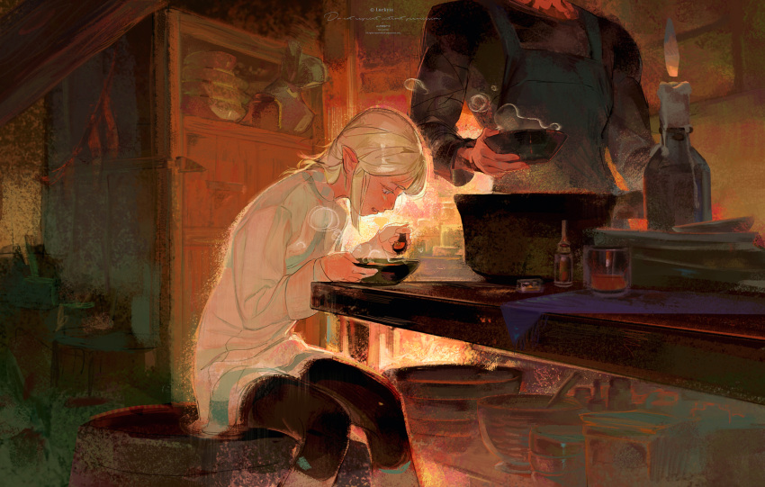 1boy 1girl absurdres apron artist_name black_pants black_shirt blonde_hair blue_apron bowl candle cauldron cup drawer dress eating elezen elf feet_out_of_frame final_fantasy final_fantasy_xiv food from_side glowing head_out_of_frame highres holding holding_bowl holding_spoon indoors luckyia open_mouth pants plate pointy_ears rielle_de_caulignont scenery shirt short_hair sidurgu_orl sitting soup spoon standing steam table white_dress