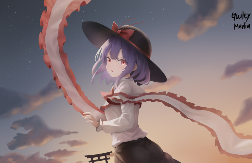 1girl black_headwear black_skirt bow capelet clouds commentary commission english_commentary frilled_capelet frilled_shawl frills gradient_sky guilty_merlin hat hat_bow highres long_sleeves looking_at_viewer nagae_iku open_mouth outdoors purple_hair red_bow red_eyes shawl shirt short_hair signature skirt sky solo torii touhou white_shirt