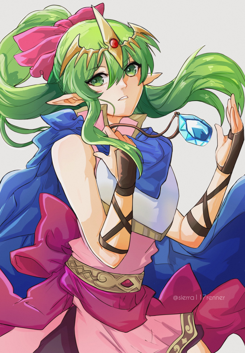 1girl absurdres artist_name belt blue_scarf bow commentary crystal fire_emblem fire_emblem:_mystery_of_the_emblem green_eyes green_hair hair_bow highres jewelry long_hair necklace parted_lips pink_bow pointy_ears scarf sierra117renner simple_background solo teeth tiara tiki_(fire_emblem) tiki_(young)_(fire_emblem) twitter_username watermark white_background