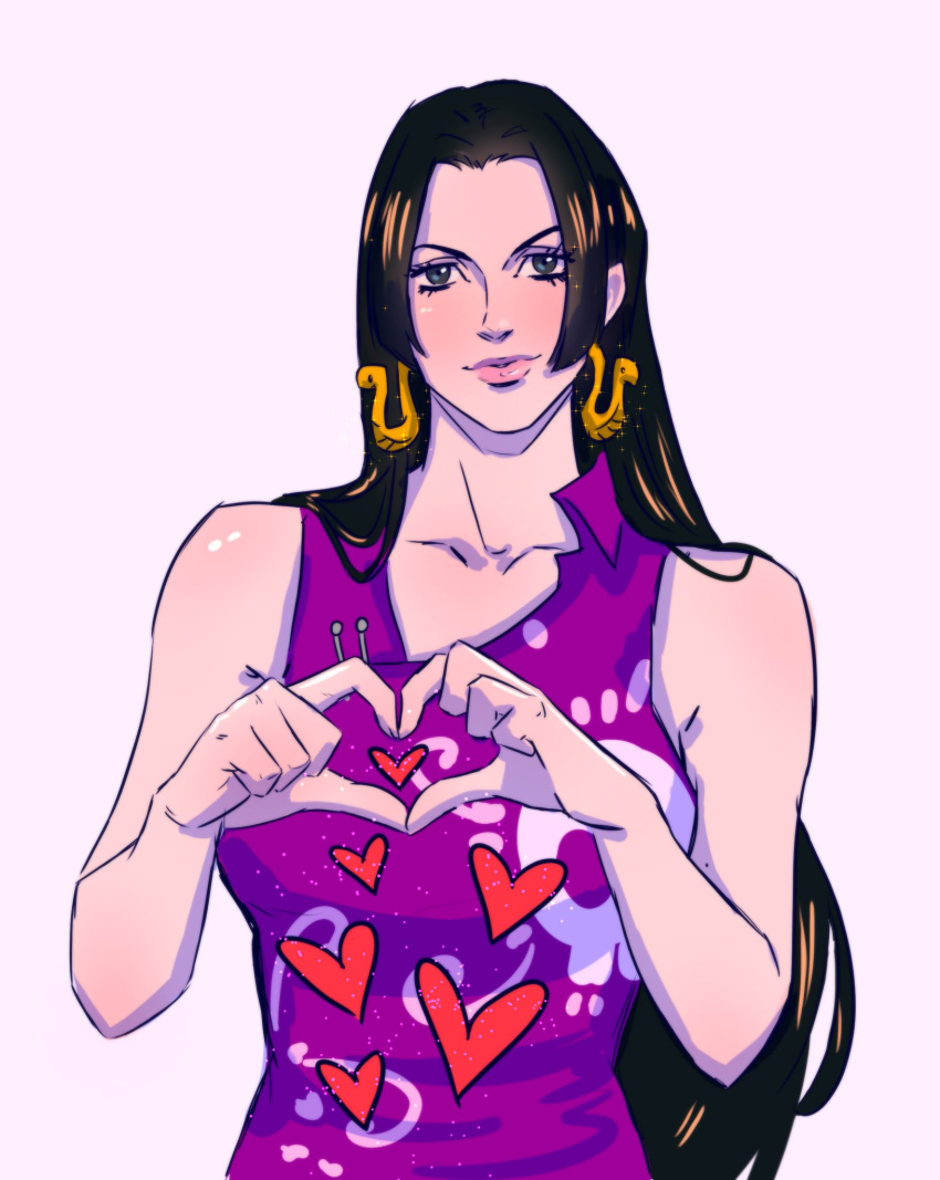 1girl black_hair boa_hancock commentary dress earrings ellie_mehl english_commentary heart heart_hands highres hime_cut jewelry one_piece pink_lips purple_dress simple_background smile snake_earrings solo upper_body