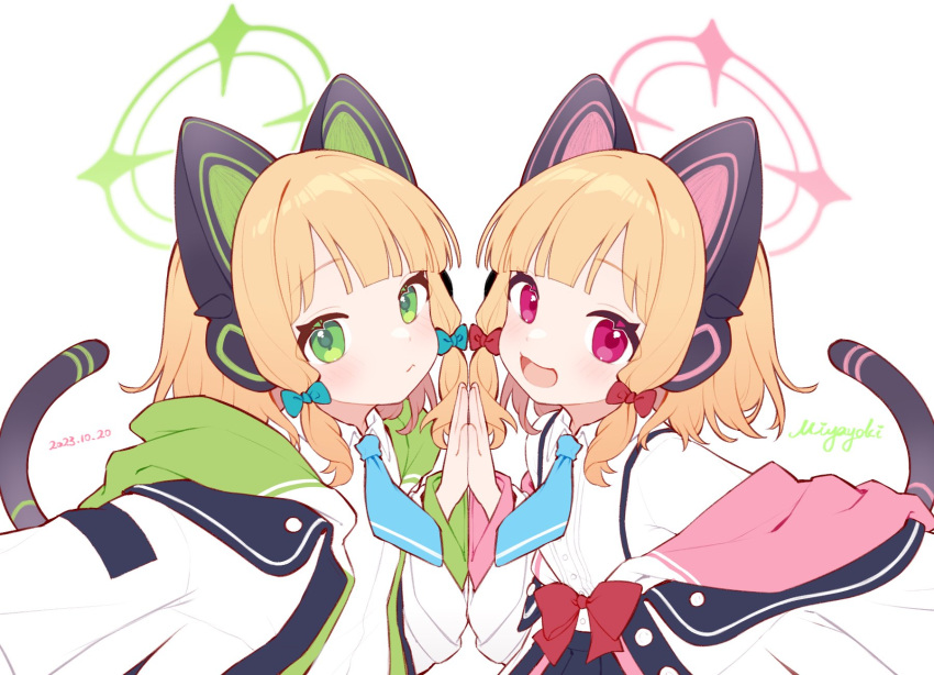 2girls :&lt; :d animal_ear_headphones animal_ears artist_name black_skirt blonde_hair blue_archive blue_bow blue_necktie blunt_bangs bow cat_ear_headphones cat_tail collared_shirt dated dress_shirt fake_animal_ears green_eyes green_halo hair_bow halo hand_on_another's_hand hashtag_only_commentary headphones highres hood hooded_jacket jacket light_blush looking_at_viewer low-tied_sidelocks midori_(blue_archive) miyayoki momoi_(blue_archive) multiple_girls necktie off_shoulder open_mouth palms_together pink_eyes pink_halo red_bow shirt short_hair siblings signature sisters skirt smile suspender_skirt suspenders tail twins white_jacket white_shirt wing_collar
