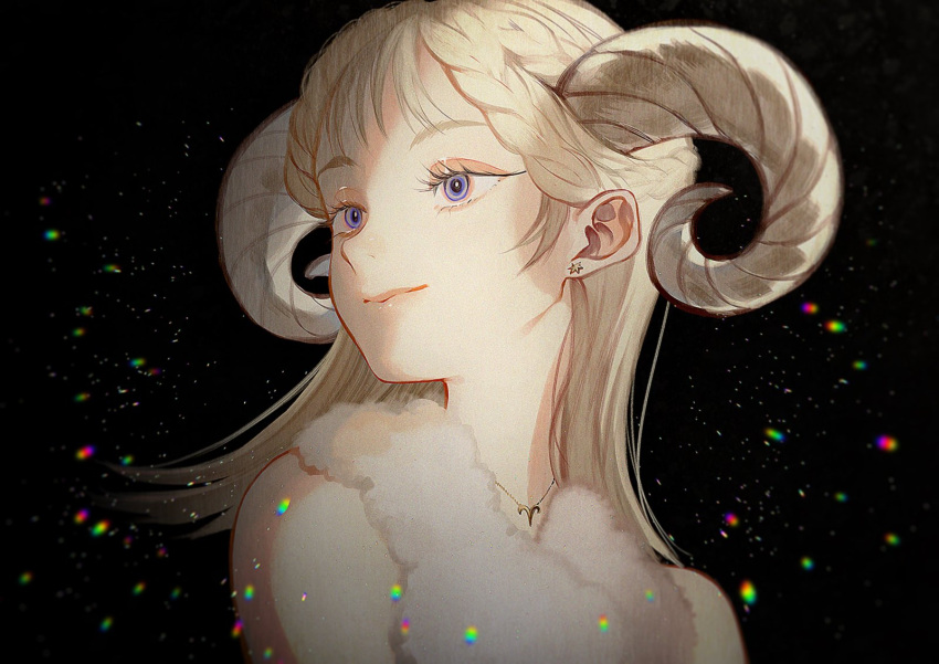 1girl aries_(symbol) aries_(zodiac) bare_shoulders black_background blonde_hair blurry braid braided_bangs closed_mouth commentary curled_horns earrings eyelashes flipped_hair french_braid fur_trim highres horns jewelry light_particles lips long_hair looking_to_the_side medium_hair original pendant sheep_girl sheep_horns smile solo stud_earrings symbol-only_commentary violet_eyes yumeko_(yumeyana_g) zodiac