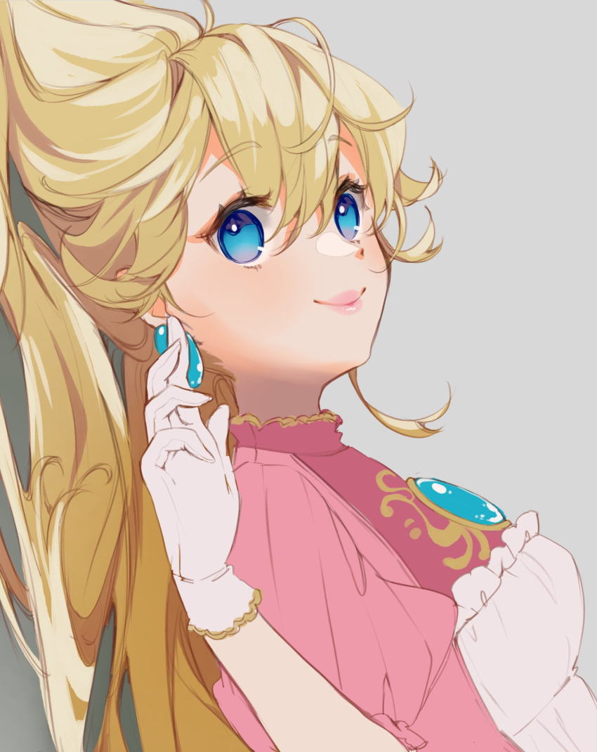 1girl ahoge blonde_hair breasts chest_jewel closed_mouth dress earrings gloves grey_background hair_between_eyes highres jewelry long_hair looking_at_viewer lying medium_breasts nachoz_(nachozart) on_back pink_dress pink_lips princess_peach puffy_short_sleeves puffy_sleeves short_sleeves smile solo super_mario_bros. upper_body white_gloves