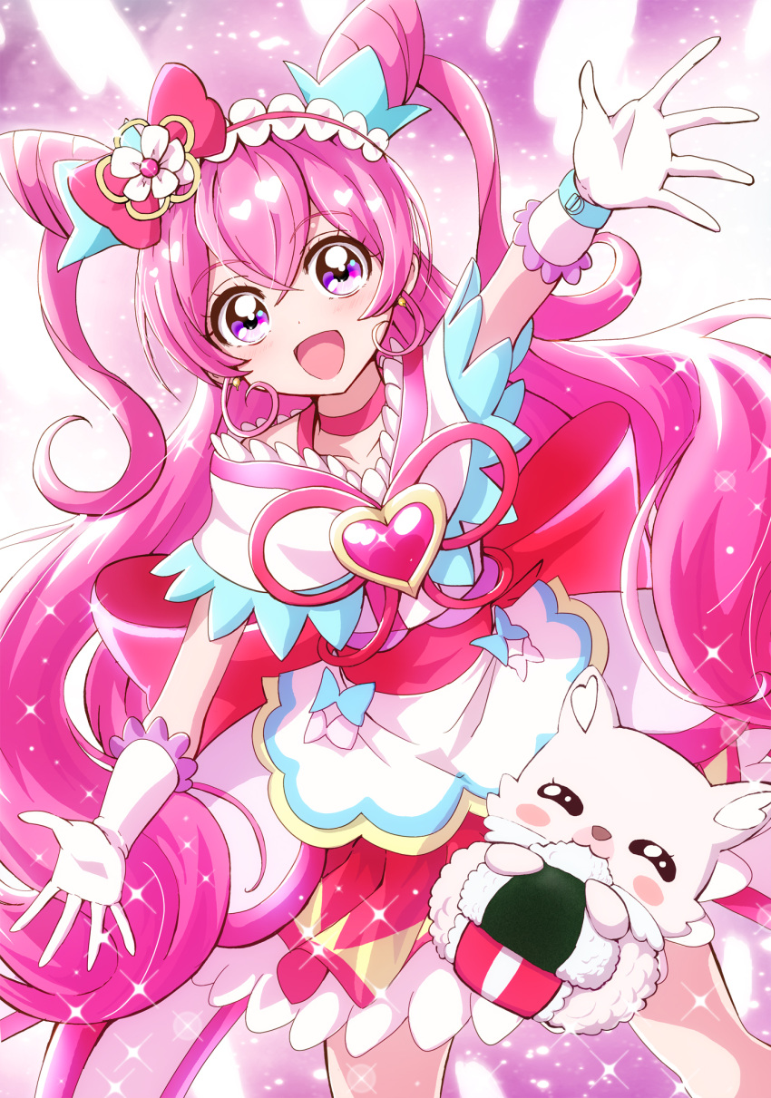 1girl :d arm_up back_bow bow brooch choker cone_hair_bun cure_precious delicious_party_precure double_bun dress earrings frilled_hairband frills futa-futa gloves hair_bow hair_bun hairband heart heart_brooch highres huge_bow jewelry kome-kome_(precure) light_particles long_hair looking_at_viewer magical_girl medium_dress nagomi_yui open_mouth pink_choker pink_hair precure red_bow red_dress smile solo sparkle standing two-tone_dress two_side_up very_long_hair violet_eyes white_dress white_gloves